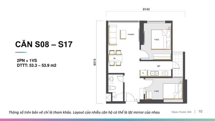 Mặt bằng của căn hộ 2 phòng điển hình tại Mipec Rubik 360