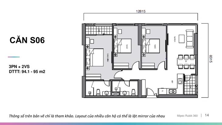 Mặt bằng của căn hộ 3 phòng điển hình tại Mipec Rubik 360