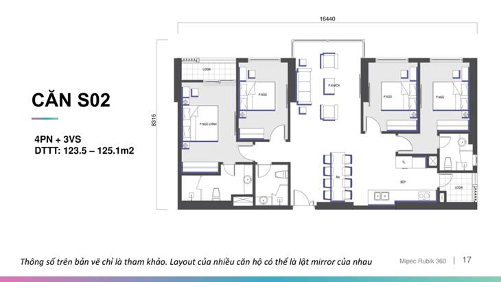 Mặt bằng của căn hộ 4 phòng ngủ điển hình tại Mipec Rubik 360