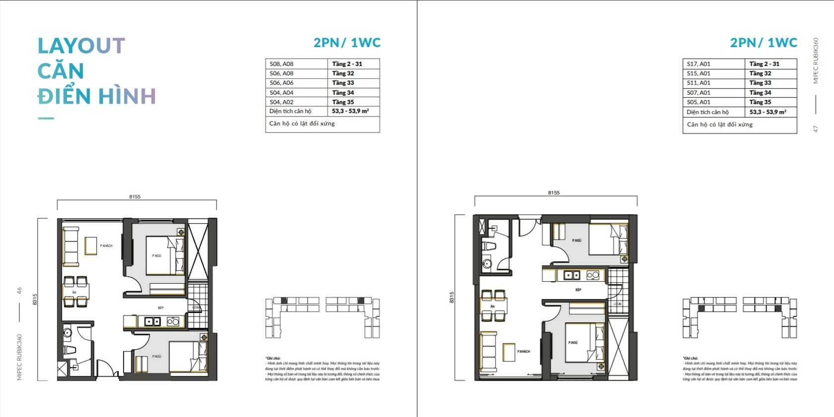 Thiết kế căn hộ 2 PN Mipec Rubik 360